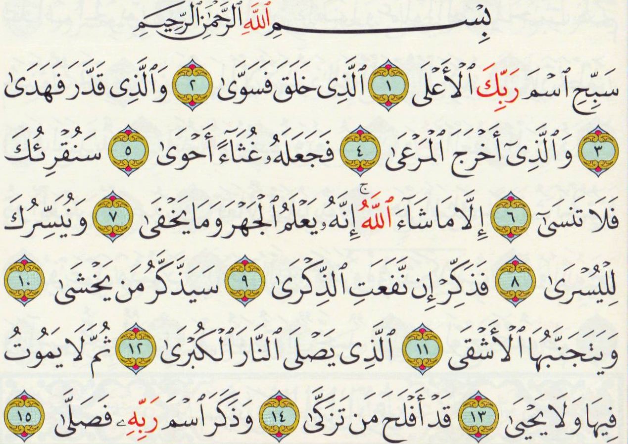 Текст сура ал. 87 Сура Корана. Сура Аль Алак 87.